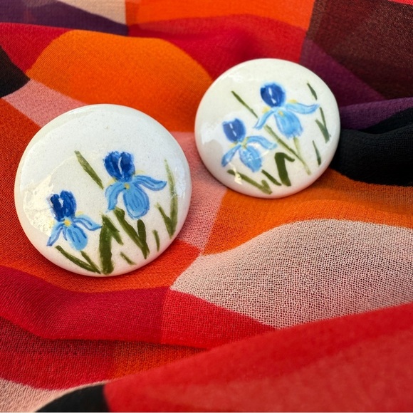Blue Iris Hand Painted Floral Ceramic Earrings - Picture 3 of 14